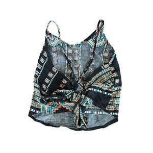 Boho Geometric Tribal Print Tie Back Crop Top Black Teal Peach Sleeveless Cami